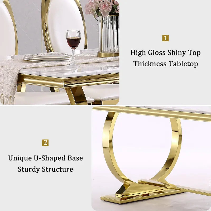 Table à manger de luxe avec piètement circulaire en métal poli - 72 pouces