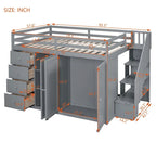 Lit mezzanine en bois gris, taille standard, avec penderies, tiroirs et escalier de rangement