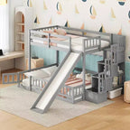 Lit superposé double sur complet avec toboggan, escalier de rangement, garde-corps de sécurité et cadre en bois de pin massif, Blanc/Gris