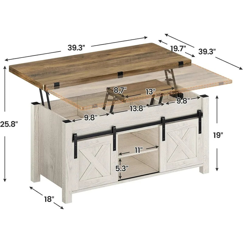 Table basse relevable avec 2 portes de grange coulissantes et rangement