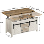 Table basse relevable avec 2 portes de grange coulissantes et rangement