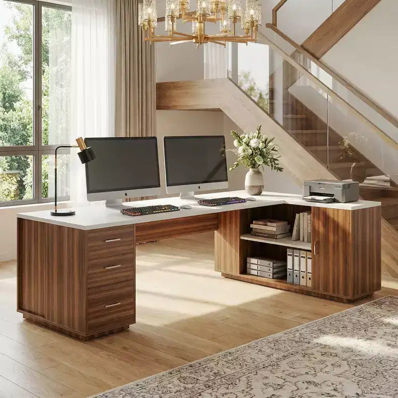MAYEERTY 85.8 L-Shaped Executive Desk, Office Computer Desk with File Drawers