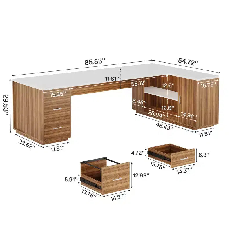 Bureau de direction en L avec tiroirs de classement et tiroirs de rangement