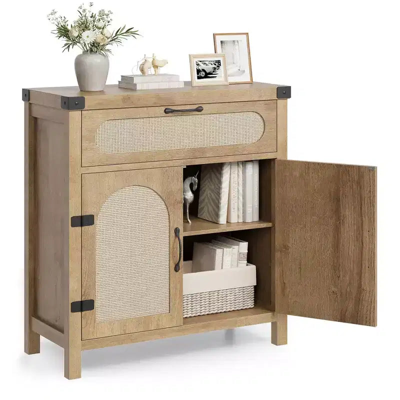 Meuble bas en rotin avec tiroir et étagères réglables