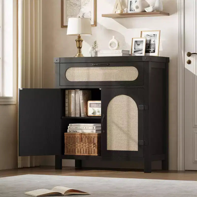 Farmhouse Rattan Sideboard Buffet Cabinet with Drawer - Boho Wooden Storage & Coffee Bar for Kitchen, Dining Room, and Living Room Hallway