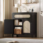 Farmhouse Rattan Sideboard Buffet Cabinet with Drawer - Boho Wooden Storage & Coffee Bar for Kitchen, Dining Room, and Living Room Hallway