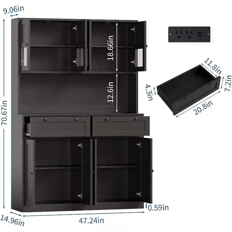 Meuble Colonne de Cuisine Haut avec Support Micro-ondes et Prises Électriques