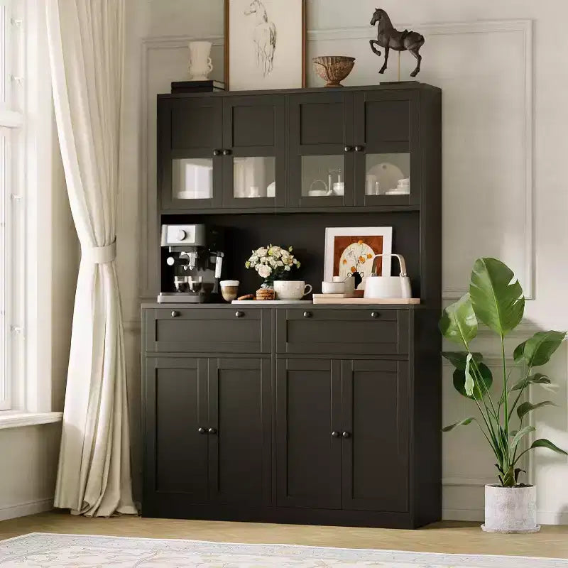 Tall Kitchen Pantry Cabinet, Storage Hutch with Microwave Stand and Drawers for Kitchen Dining Room Living Room