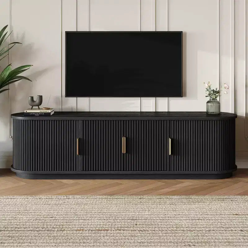 JVNOXK 66-inch Recessed Farmhouse-Style Wooden TV Stand with Gold Handles, Suitable for TVs 75 inches and under; Features Sliding Roller Doors, Black