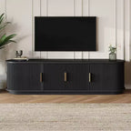 JVNOXK 66-inch Recessed Farmhouse-Style Wooden TV Stand with Gold Handles, Suitable for TVs 75 inches and under; Features Sliding Roller Doors, Black