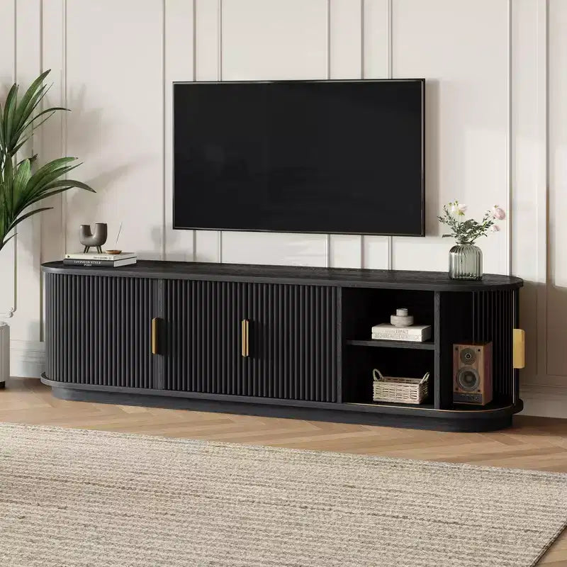 Meuble TV en bois de 66 pouces avec portes coulissantes et gestion des câbles