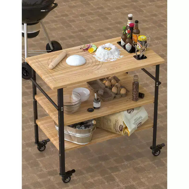 Table de préparation alimentaire à 3 étagères réglables en hauteur avec plateau en bambou