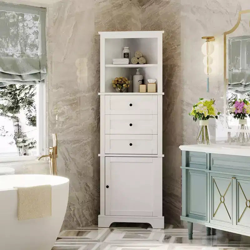 JVNOXK Triangular tall cabinet with 3 drawers and adjustable shelves, suitable for bathrooms, Medium-density fiberboard, Painted finish, white