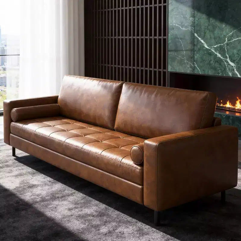80.31 Mid Century Modern Faux Leather Sofa 3 Seater Couch with Bolster Pillows for Living Room Office Apartment Brown Gaoyangjiaju