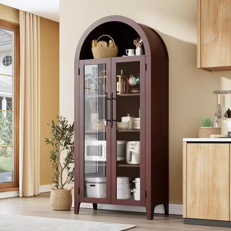 63.2Arched Kitchen Pantry Cabinet - Farmhouse 5 Tier Display Shelf with Adjustable Shelf and 2 Large Glass Doors, for Dining Room, Living Room