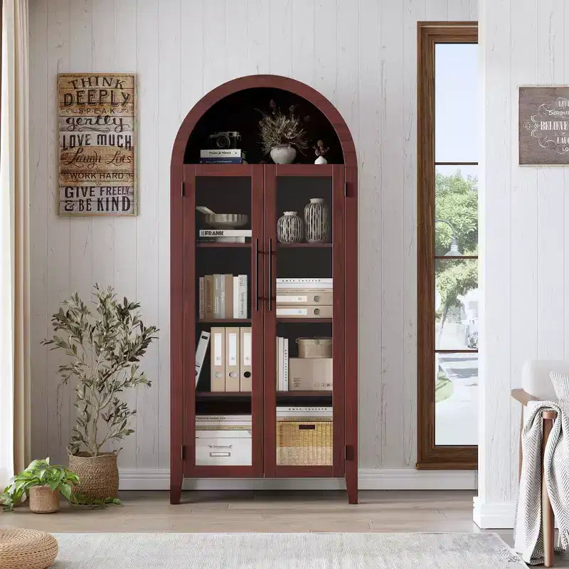 Vitrine arquée avec portes en verre et étagères réglables