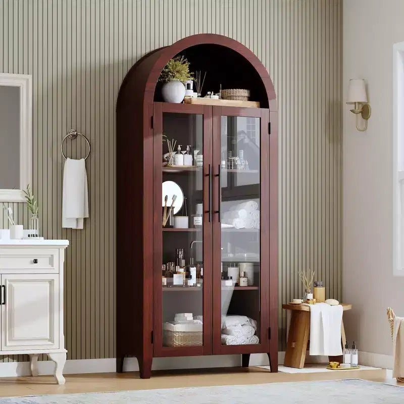 Vitrine arquée avec portes en verre et étagères réglables
