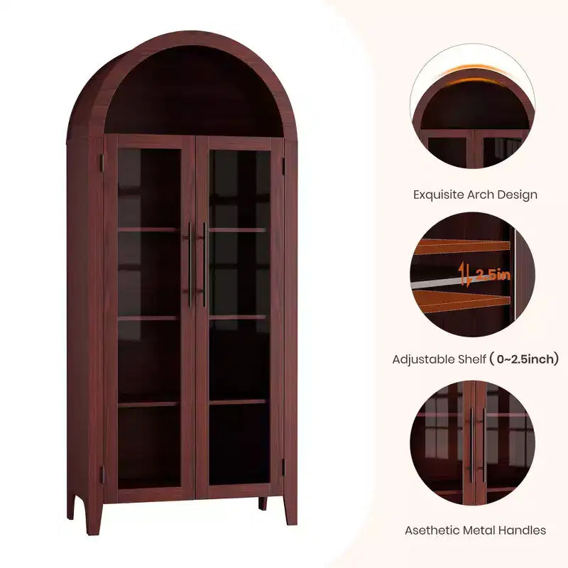 Vitrine arquée avec portes en verre et étagères réglables