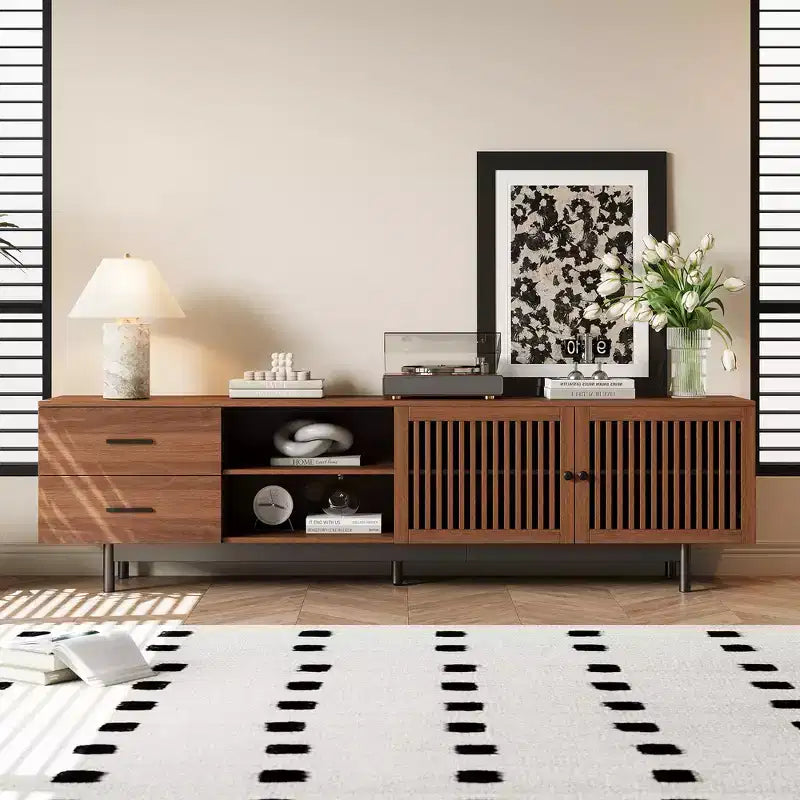 GDFStudio 78 Modern Wood TV Stand with 2 Slatted Door, 2 Deep Drawers and Cable Management