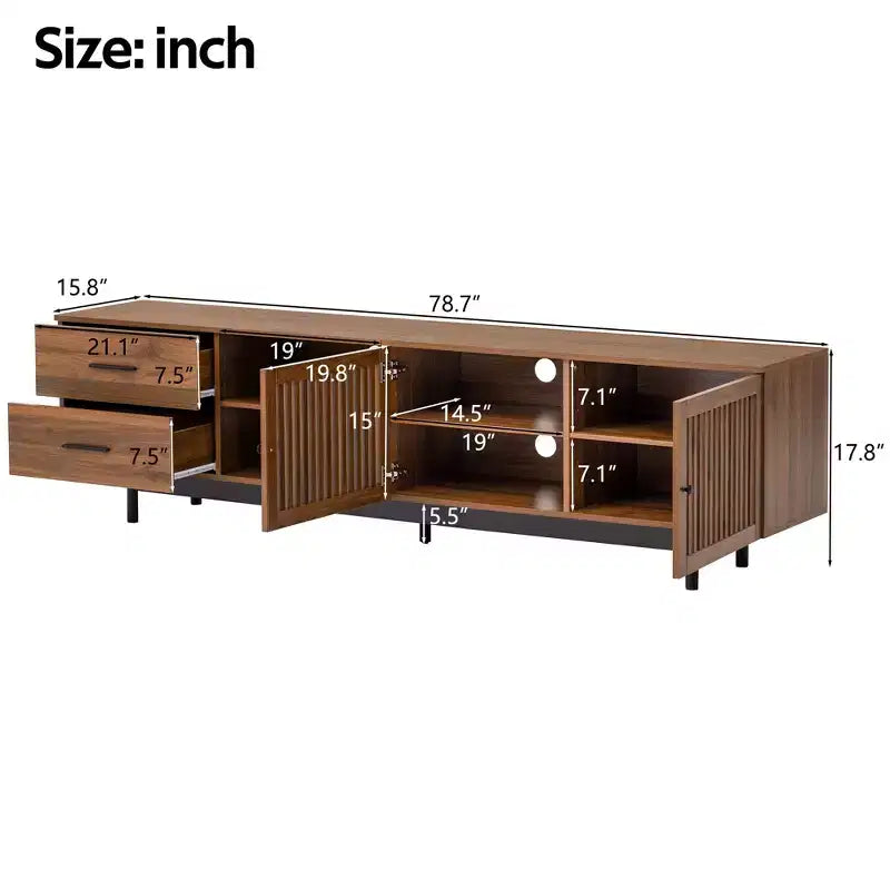 Meuble TV en bois de 78 po avec portes à lattes et tiroirs profonds