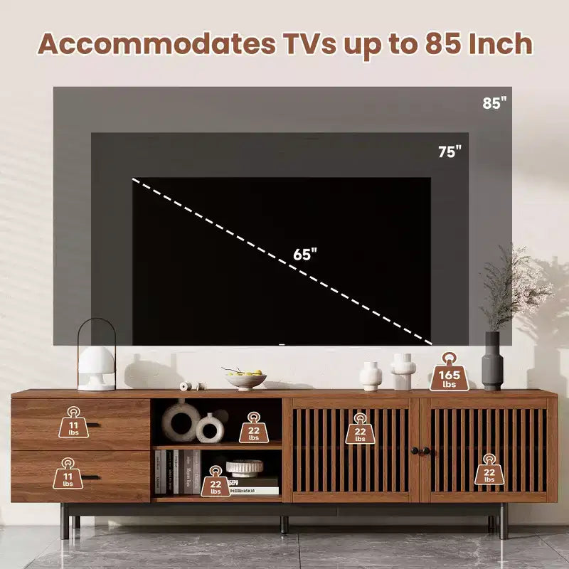 Meuble TV en bois de 78 po avec portes à lattes et tiroirs profonds
