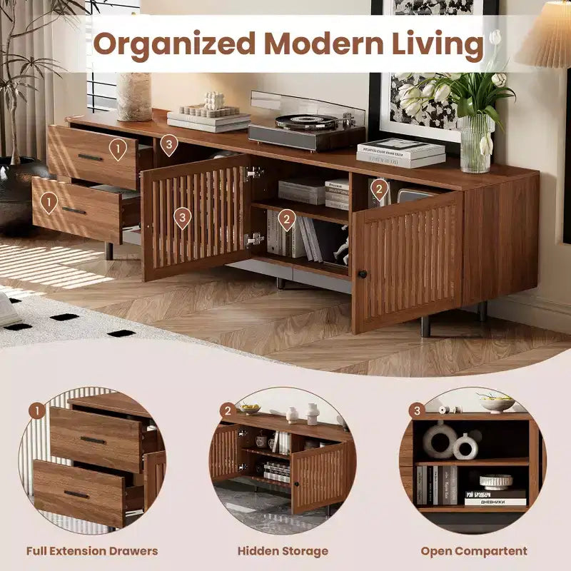 Meuble TV en bois de 78 po avec portes à lattes et tiroirs profonds