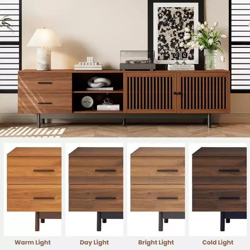 Meuble TV en bois de 78 po avec portes à lattes et tiroirs profonds