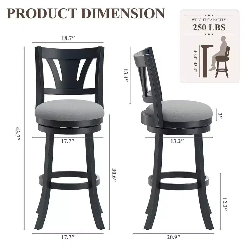 Tabouret de bar pivotant avec structure en bois massif et dossier ergonomique