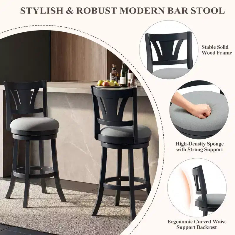 Tabouret de bar pivotant avec structure en bois massif et dossier ergonomique