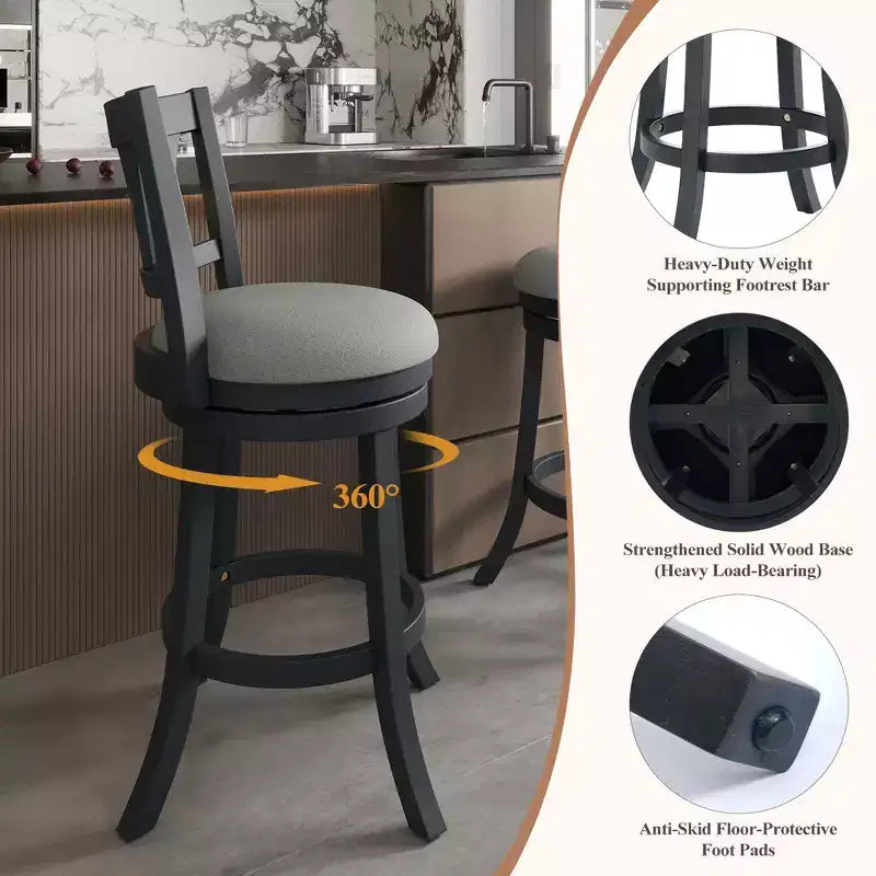 Tabouret de bar pivotant avec structure en bois massif et dossier ergonomique