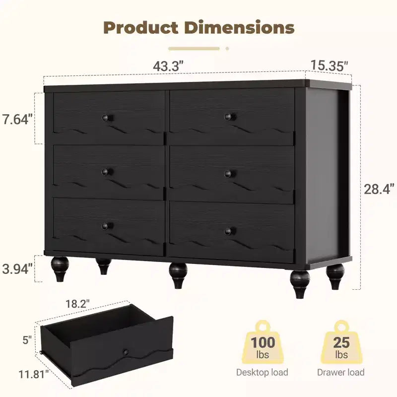 Commode à 6 tiroirs avec façades texturées ondulées et design affleurant
