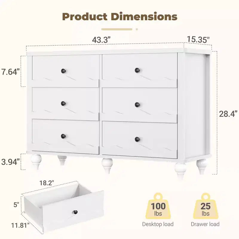 Commode à 6 tiroirs avec façades texturées ondulées et design affleurant