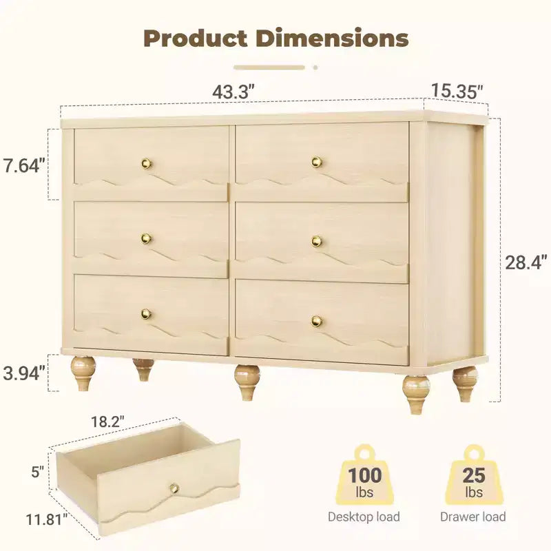 Commode à 6 tiroirs avec façades texturées ondulées et design affleurant