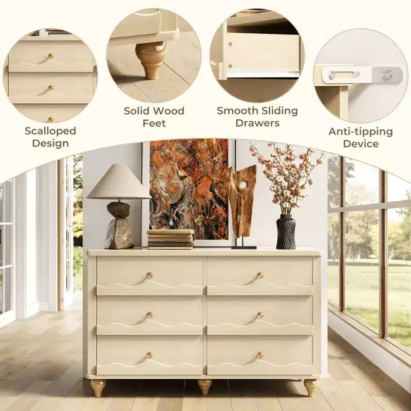 Commode à 6 tiroirs avec façades texturées ondulées et design affleurant