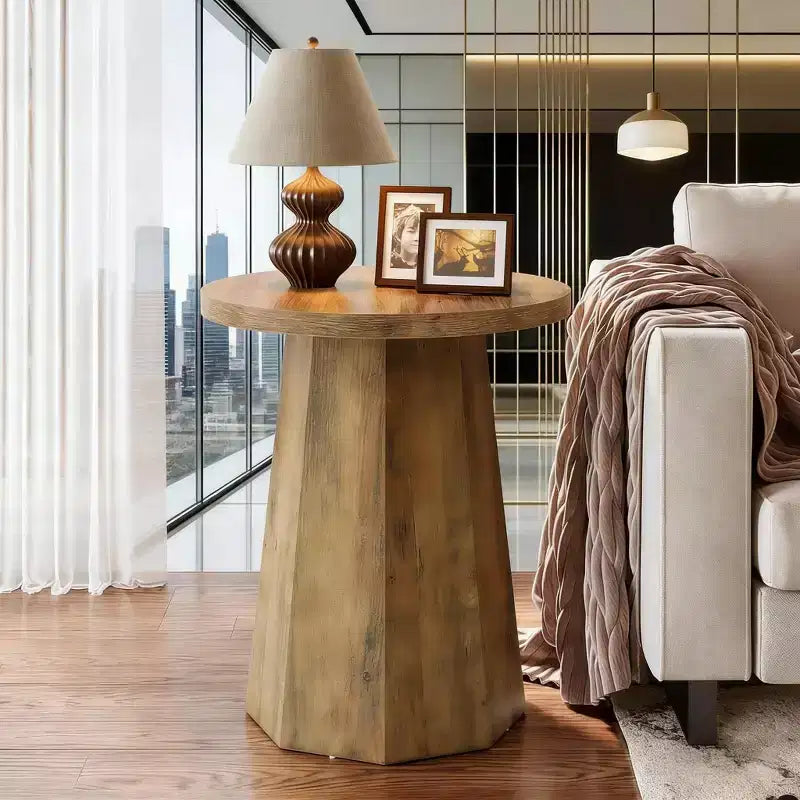 Round End Table, Wooden Couch Side Table with Octagonal Base
