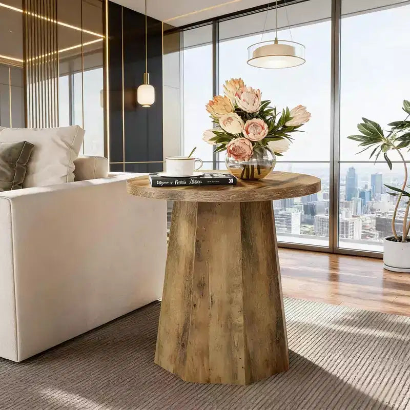 Table d'appoint ronde en bois avec base octogonale, plateau résistant à l'eau