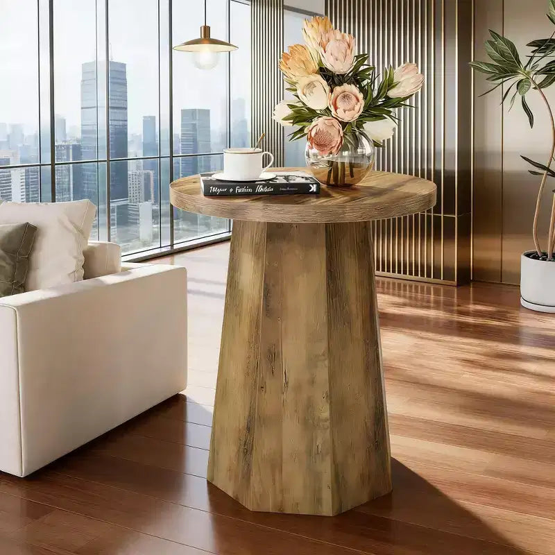 Table d'appoint ronde en bois avec base octogonale, plateau résistant à l'eau
