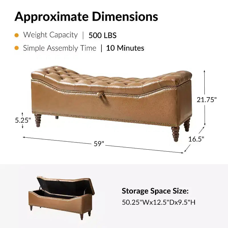 Banc capitonné avec rangement dissimulé et garniture cloutée