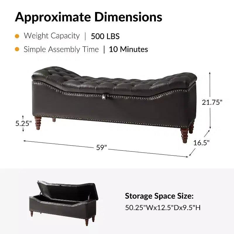 Banc capitonné avec rangement dissimulé et garniture cloutée