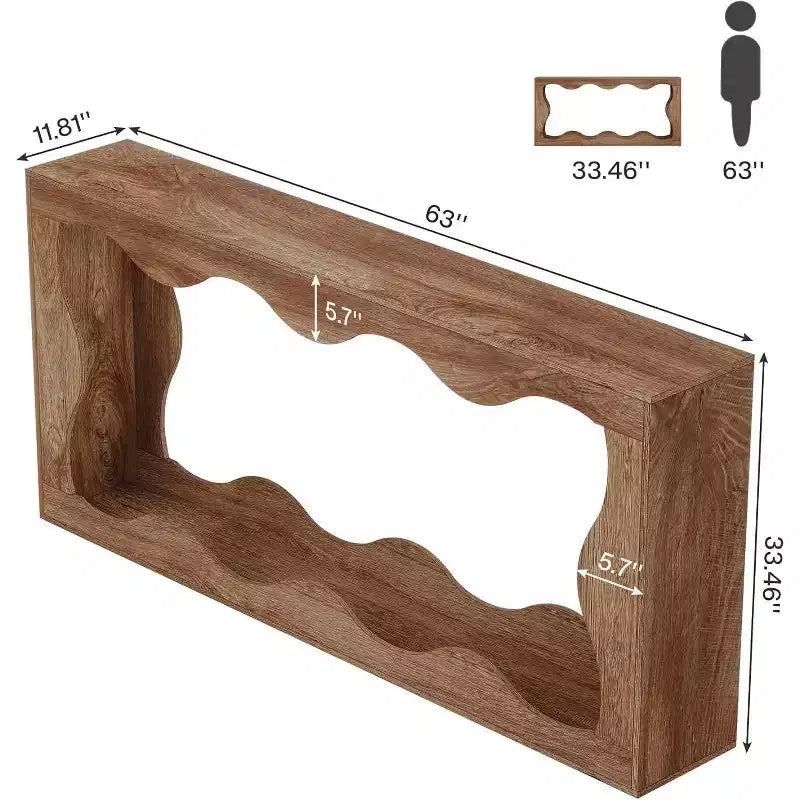 Console de 63 pouces avec deux niveaux de rangement et bord ondulé