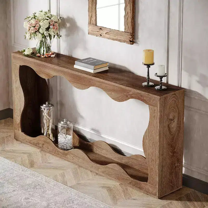 Console de 63 pouces avec deux niveaux de rangement et bord ondulé
