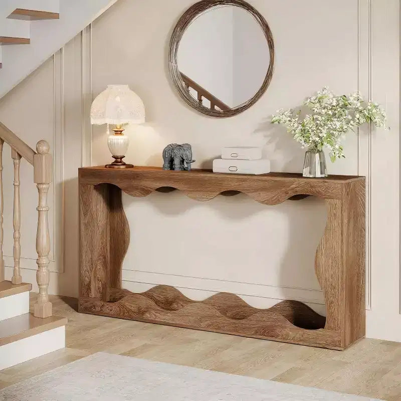 Console de 63 pouces avec deux niveaux de rangement et bord ondulé