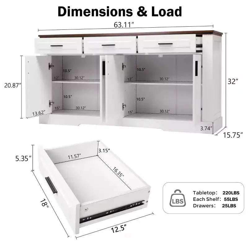 Bahut cannelé de 160 cm avec 4 portes et 3 tiroirs