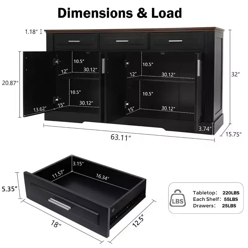 Bahut cannelé de 160 cm avec 4 portes et 3 tiroirs