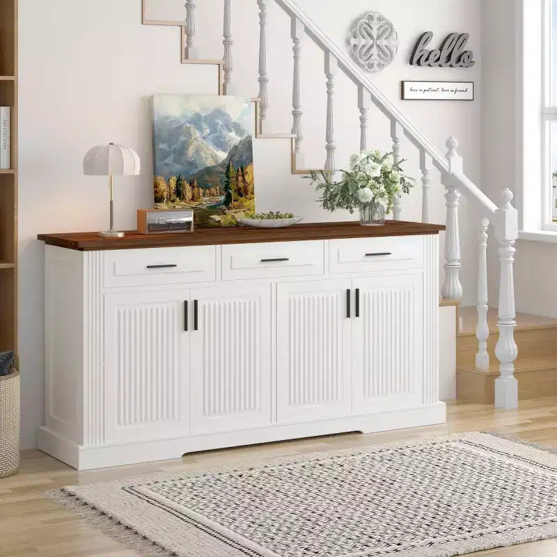 63 Modern Fluted Sideboard Buffet Cabinet, 4 Doors and 3 Drawers, Kitchen and Dining Storage Cabinet for Living Room or Entryway-Panipeachy