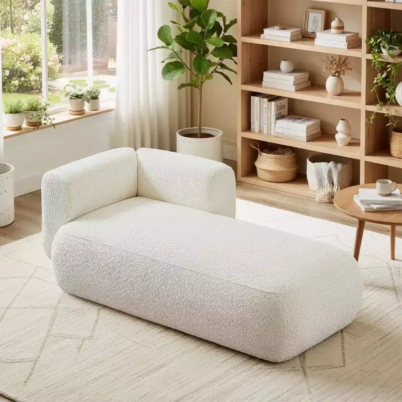 Méridienne moderne rembourrée avec mousse haute densité, siège élégant et stylé, canapé douillet en bouclé pour salon ou chambre à coucher