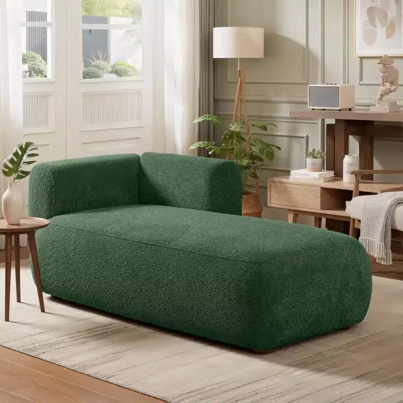 Méridienne moderne rembourrée avec mousse haute densité, siège élégant et stylé, canapé douillet en bouclé pour salon ou chambre à coucher