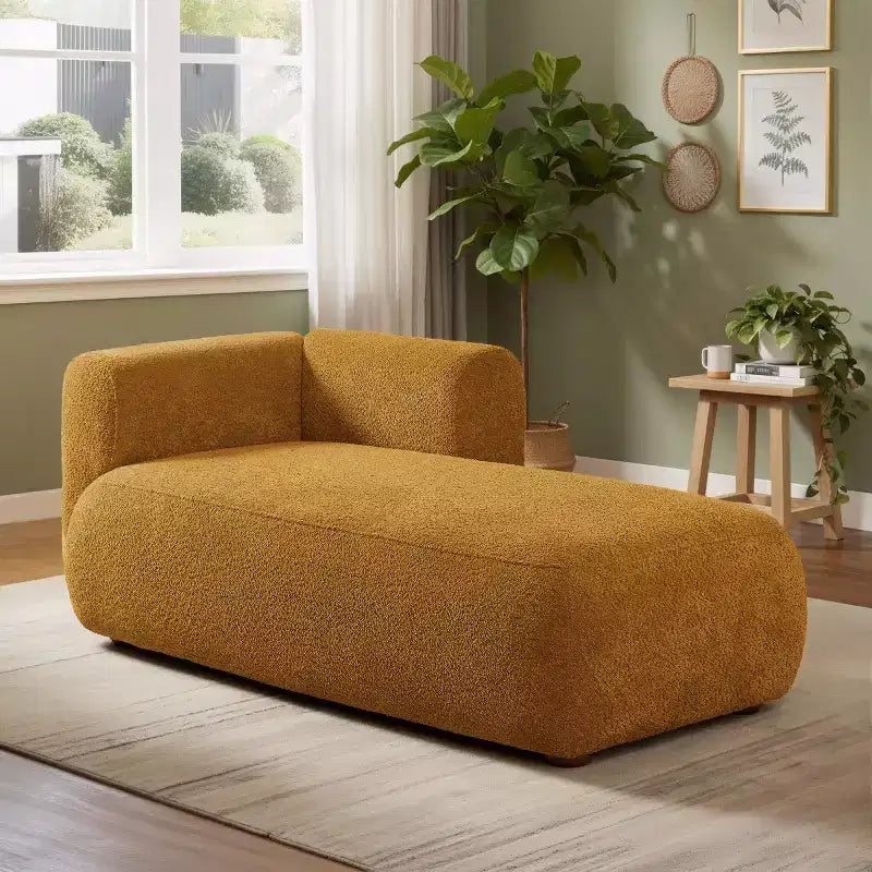 Méridienne moderne rembourrée avec mousse haute densité, siège élégant et stylé, canapé douillet en bouclé pour salon ou chambre à coucher