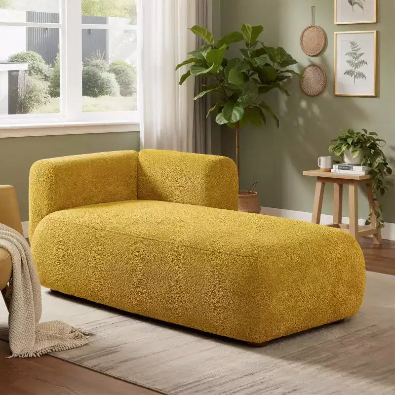 Méridienne moderne rembourrée avec mousse haute densité, siège élégant et stylé, canapé douillet en bouclé pour salon ou chambre à coucher