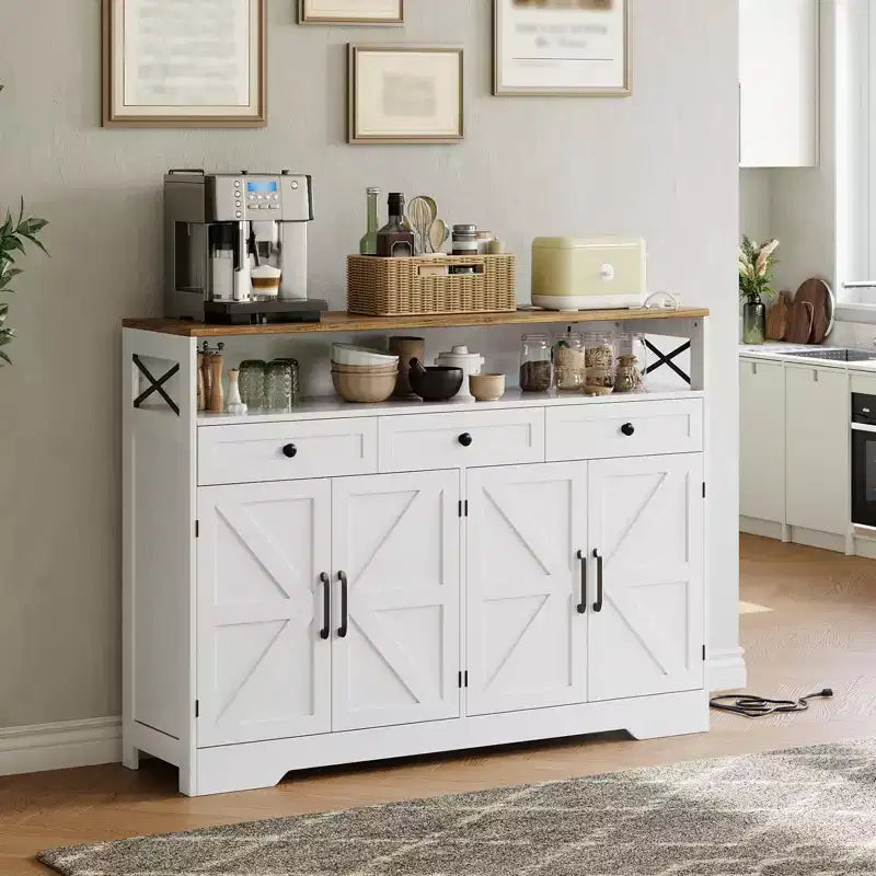 51 Farmhouse Buffet Cabinet, Sideboard Buffet Cabinet with 3 Drawers, Open Shelf and Charging Station, Coffee Bar Station for Kitchen, Dining Room